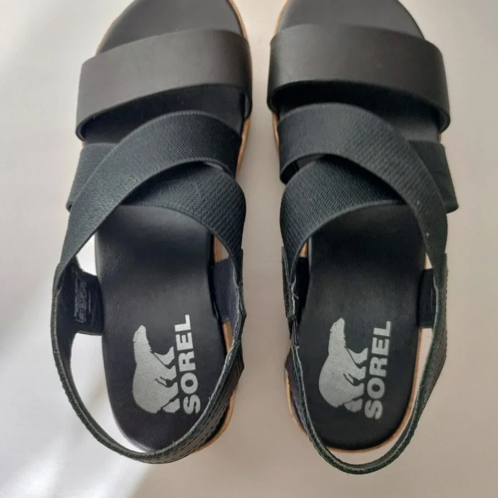 Sorel Cameron Flatform Sandals Black Leather Cork Wedge NL3998-010 Womens 6.5